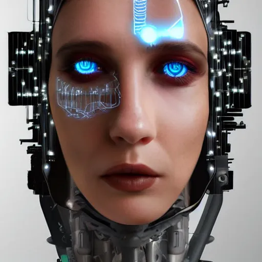 Image similar to portrait photo of a cybernetic cyborg half human face half robot face, fantasy art, sci - fi art, character design, circuitry, high tech, future, photorealistic, 8 k