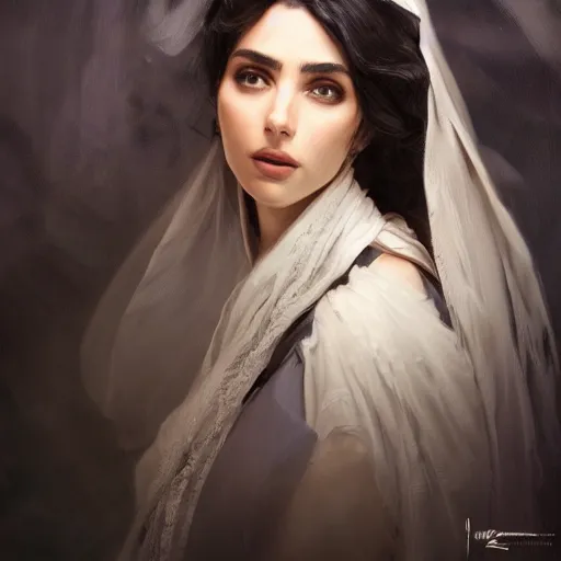 Image similar to a Photorealistic dramatic hyperrealistic render of an arab ameera al taweel, blue eyes, black wavy hair, white veil,by WLOP,Artgerm,Greg Rutkowski,Alphonse Mucha, Beautiful dynamic dramatic dark moody lighting,shadows,cinematic atmosphere,Artstation,concept design art,Octane render,8K