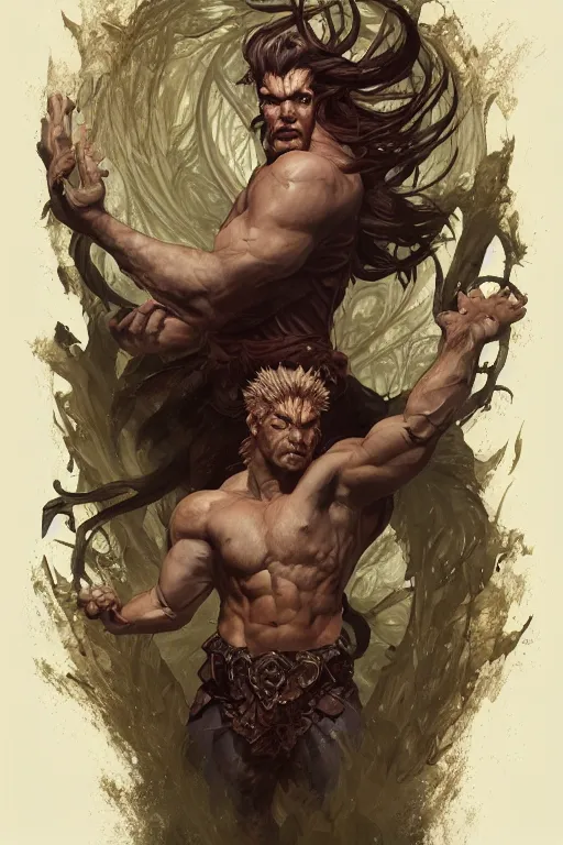 Image similar to portrait of auronplay as a hulking herculean demon, forest, godlike, full body, fantasy, intricate, elegant, highly detailed, digital painting, artstation, concept art, sharp focus, illustration, art by artgerm and greg rutkowski and alphonse mucha