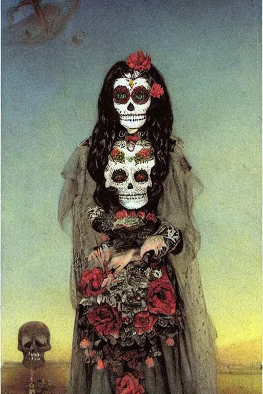 Prompt: Illustration of a sugar skull day of the dead girl, art by arnold bocklin