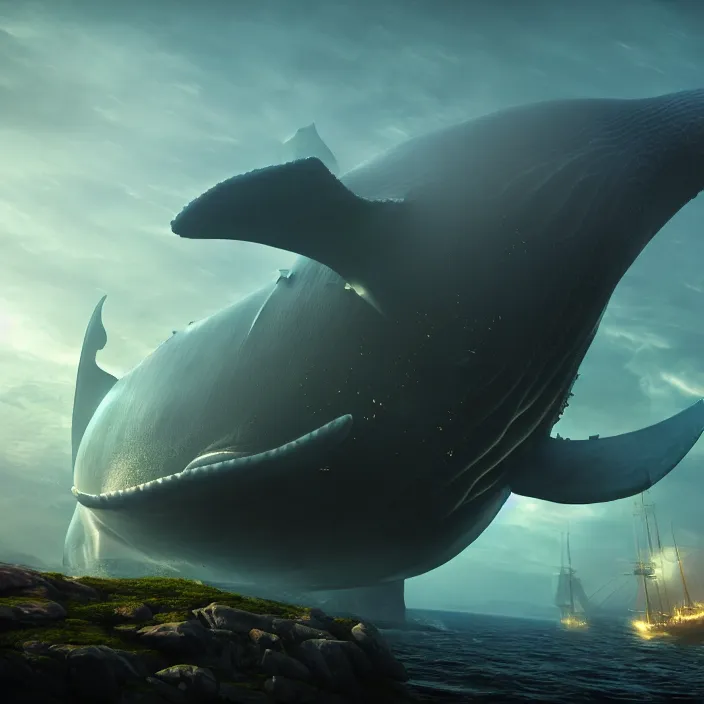 Image similar to Cyber ​​Fortress on the Back of a Giant Whale, hard sci-fi,global illumination, physically based rendering, photoreal, small details, intricate, science fiction fantasy