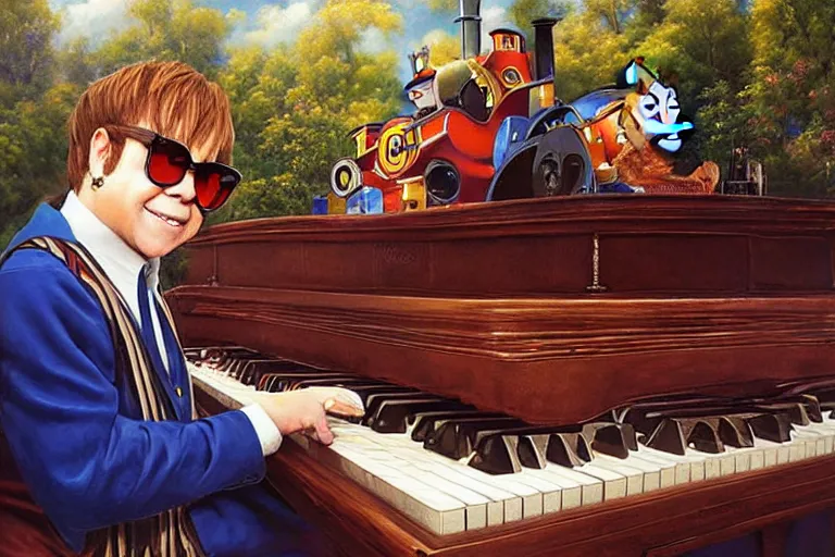 Prompt: elton john playing a piano on top of thomas the tank engine, an oil painting by ross tran and thomas kincade