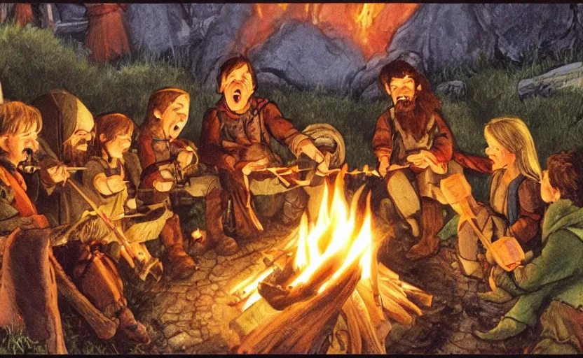 Image similar to childrens book illustration of the fellowship of the ring roasting marshmallows and making s'mores around a campfire