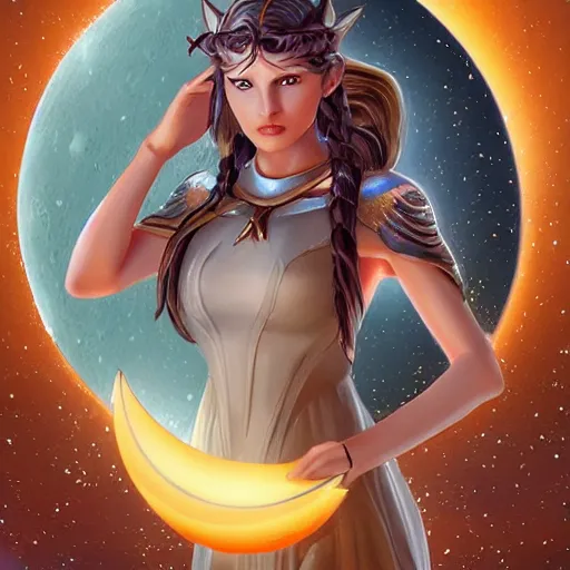 Prompt: artemis holding the moon in her hands!!, closeup!!, macro!!, filling it with magical energy, digital art, tarot card, portrait!!, trending on polycount, cgsociety contest winner, digital art, 4 k, detailed, intricate, illustrated by artgerm, rutkowski, mumford, bussiere, villeneuve, symmetry!!