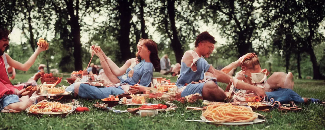 Image similar to young couple enjoying a spaghetti picnic in the park, high detail, perfect face, canon 5 0 mm, cinematic lighting, photography, retro, film, kodachrome