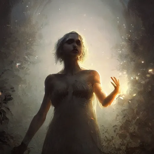 Image similar to a beautiful new creature from folklore, pure, shining, glowing light in the night. entrancing. clear detailed view. ethereal fantasy art by greg rutkowski