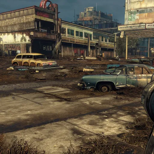 Image similar to atlanta flooded and in ruins post - nuclear war in fallout 4, in game screenshot