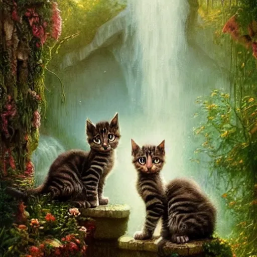 Prompt: two kittens in the enchanted forest stand on the steps and watch the waterfall, fantasy, intricate, extremely detailed, face enhance, matte, featured in artstation, art by louis wain, greg rutkowski