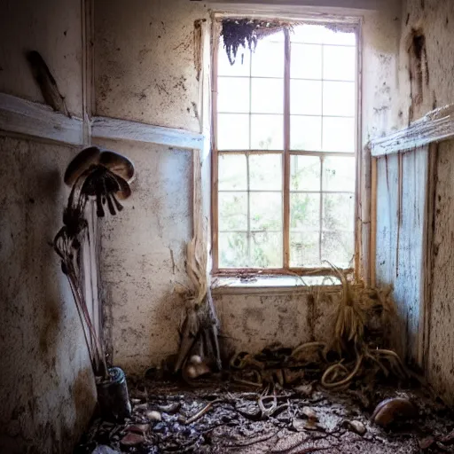 Image similar to a room in a creepy, dilapidated house filled with mushrooms and the decaying bodies of ancient warriors