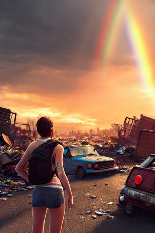 Image similar to teenage girl in mini short with backpack looking at food at garbage dump, destroyed cars, city is pure wasteland, moody sunset background, rays of sunlights, ( ( ( rainbow ) ) ), high details, sharp, photorealism, cinematic, greg rutkowski, artgerm, unreal engine, highly detailed