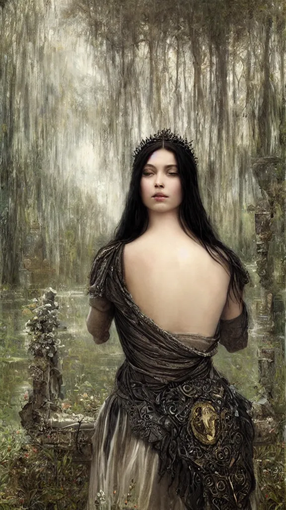 Image similar to secret view from behind wide mirror of a beautiful black haired woman with pale skin and a crown on her head sitted on an intricate metal throne, very deep stillness atmosphere, silence, dimension of still moment, spiritual feeling, digital art, by daniel ridgway knight