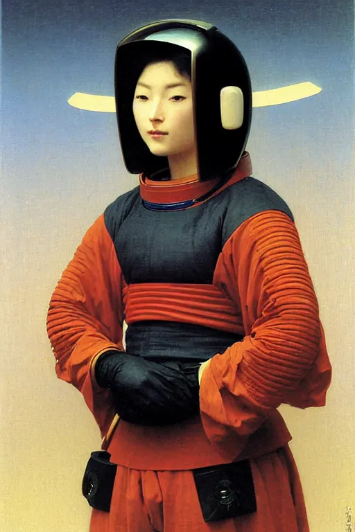 Image similar to portrait of a astronaut in samurai helmets, by bouguereau