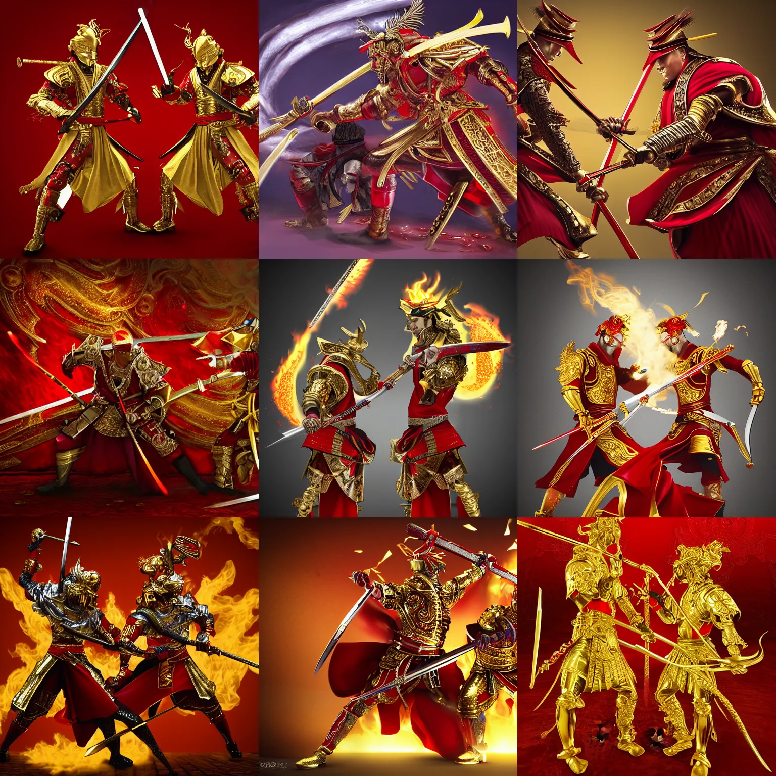 Prompt: gold and red samurai holding duel gold flaming swords, digital art, ultra detailed, intricate details, photorealistic, 8 k resolution, concept art