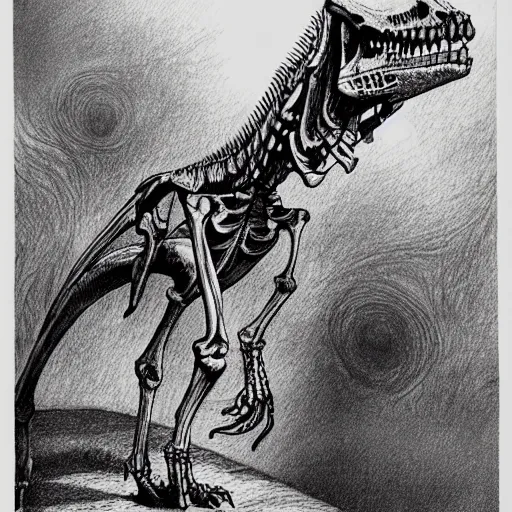 Prompt: a detailed pen and ink drawing of a dinosaur skeleton