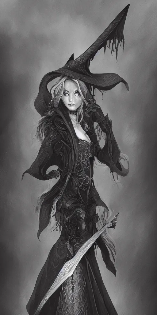 Prompt: illustration of a lady wizard, digital painting, ominous, sharp, detailed, 4k, full body