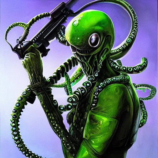 Image similar to hyper - realistic and detailed portrait of green alien soldier with tentacles and weapons