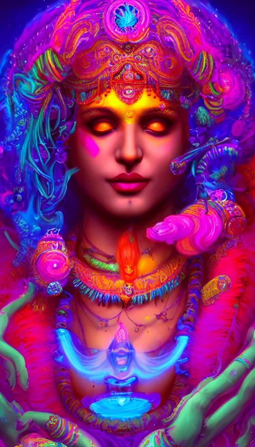 Prompt: a beautiful indian goddess engulfed in colorful liquid smoke and neon clouds, a colorful psychedelic experience, dmt, lsd, face, highly detailed, artstation, concept art, matte, sharp focus, illustration, digital art by hana yata, and artem demura and beeple, octane render, unreal engine, 8 k