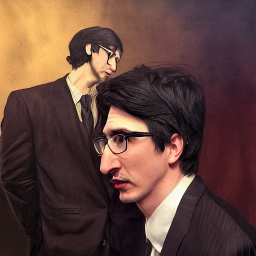 Image similar to photo booth of 2 people, john oliver on left, adam driver on right, full body, elegant, beautiful, highly detailed, centered, dark, smokey, digital painting, concept art, smooth, sharp focus, illustration, deviant art, art by artgerm, art by greg rutkowski, art by alphonse mucha