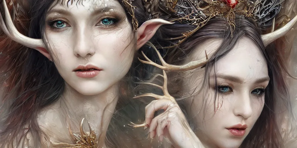 Image similar to a portrait of a female elf sorceress with antlers bathing in a lake by karol bak and jia ruan, beautiful detailed eyes, cute, fantasy, intricate, elegant, highly detailed, digital painting, 4 k, hdr, concept art, detailed jewelry, smooth, sharp focus, illustration, art by artgerm