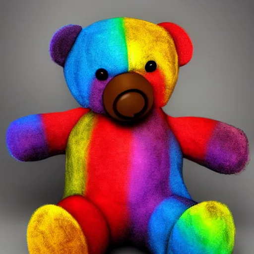 Image similar to teddy bear vomiting rainbow, photorealistic