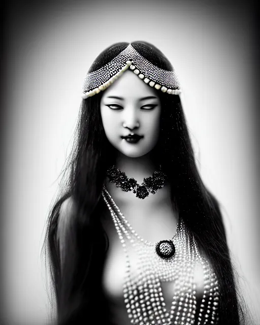 Image similar to black and white dreamy young beautiful veiled female artificial intelligence, realistic pearl ornament in the face, long hair are intricate with highly detailed realistic pearls, cinematic, rim light, bokeh, photo - realistic, elegant, high detail, 8 k, masterpiece, photo taken in 1 9 3 0