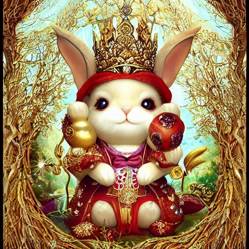 Prompt: rabbit deity, fat figure, cute, elegant, furry, white, gold, warm, wearing a crown, bracelets and necklaces, red carpet, figure, realistic, hair detailing, background is heavenly, wonderland at night, the light in the deep forest full of mythical creatures of the picture, according to european art, golden sacred tree, golden apple, flower garden