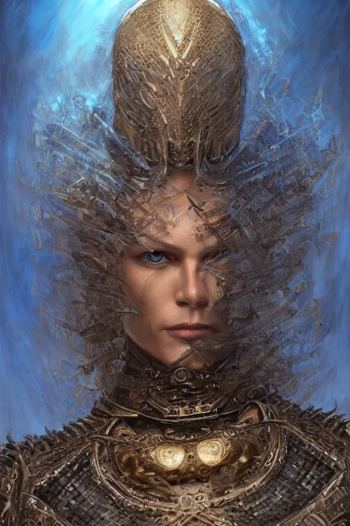 Prompt: realistic detailed still of freman from Arrakis, woven armour, blue eyes, intricate complexity, golden ratio, Kojima, Amano, Charlie Bowater, Karol Bak, Greg Hildebrandt, Jean Delville, and Mark Brooks, Neo-Gothic, gothic, rich deep colors