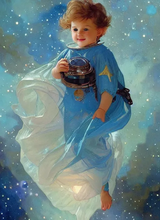 Prompt: a cute little boy with a round cherubic face, blue eyes, and tousled blonde hair smiles as he floats in space with stars all around him. She is wearing a turquoise outfit. Beautiful painting by Artgerm and Greg Rutkowski and Alphonse Mucha