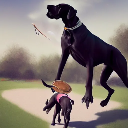 Prompt: girl riding a giant great Dane at the park catching a frisbee, trending on artstation