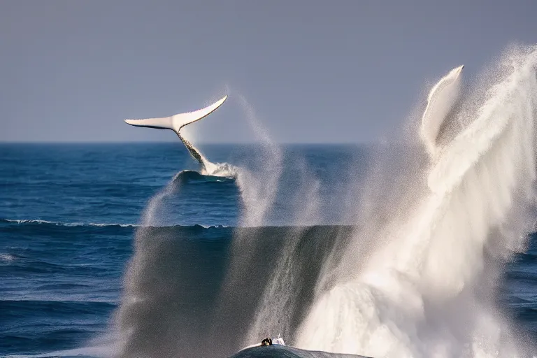 Prompt: photography of a gigantic white whale jumping a wave at nazare