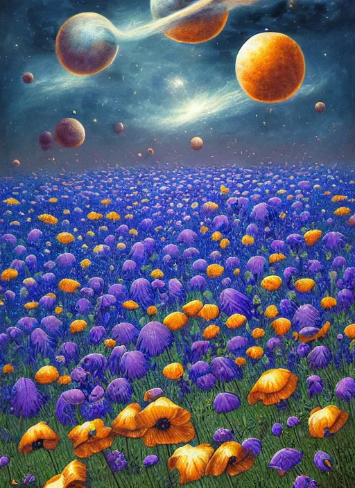 Image similar to detailed, intricate blue black and purple papaverum flower on the field, nebula, galaxy in the sky, winning award masterpiece, fantastically beautiful, illustration, aestheticly inspired, jacek yerka, upscale with anguissola sofonisba work, artstation, 8 k