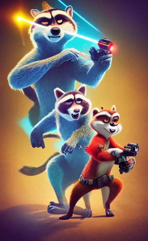 Image similar to “red racoon holding laser gun facing off with blue racoon holding laser gun, cinematic, dramatic in the style of zootopia”