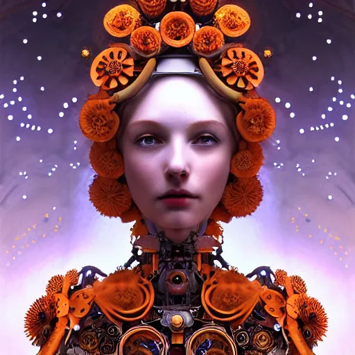 Image similar to portrait of the beautiful young robotic goddess of poppy, surreal, fantasy, intricate, mechanical, elegant, dramatic lighting, emotionally evoking symbolic metaphor, highly detailed, gears, lifelike, photorealistic, digital painting, painterly, artstation, concept art, smooth, head in focus, sharp focus, illustration, art by John Collier and Krenz Cushart and Artem Demura and Alphonse Mucha and Albert Aublet,