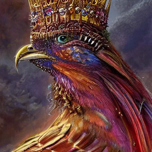 Image similar to colorful bird, golden crown, from overlord, close up, fantasy, intricate, elegant, highly detailed, digital painting, artstation, concept art, sharp focus, illustration, art by luis royo, wayne barlowe, kirsi salonen, asya yoranova and alan lee