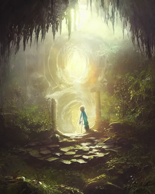 Image similar to a child looking at a dimensional portal in the hidden garden, scare, environment art, fantasy art, landscape art, in the style of greg rutkowski, illustration, epic, fantasy, intricate, hyper detailed, artstation, concept art, smooth, sharp focus, ray tracing