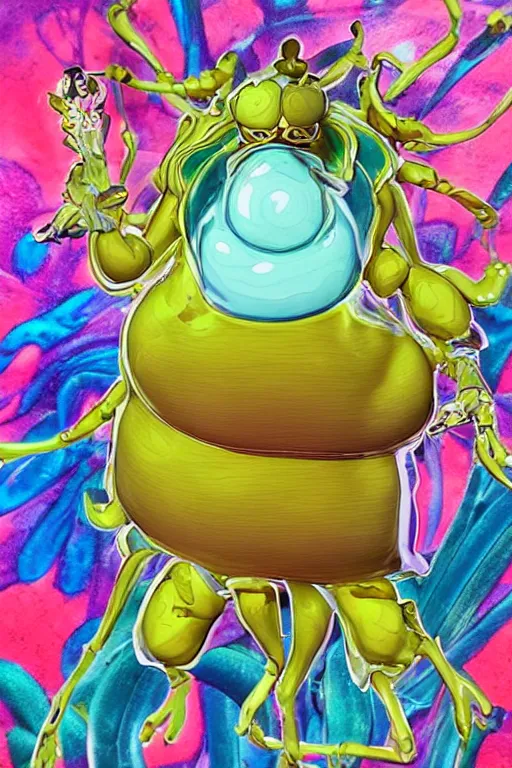 Image similar to a fat jelly super detailed anime character with fluo color detail, and muted arm colors, that looks like a insect, on top of a painting of plastic synthetic ionized metal flower sculptures