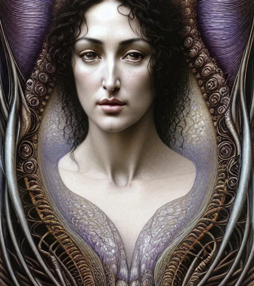 Prompt: detailed realistic beautiful young monica bellucci head and shoulders portrait by jean delville, gustave dore and marco mazzoni, art nouveau, symbolist, visionary, baroque, intricate fractal, maximalism. horizontal symmetry by zdzisław beksinski, iris van herpen, raymond swanland and alphonse mucha. highly detailed, hyper - real, beautiful