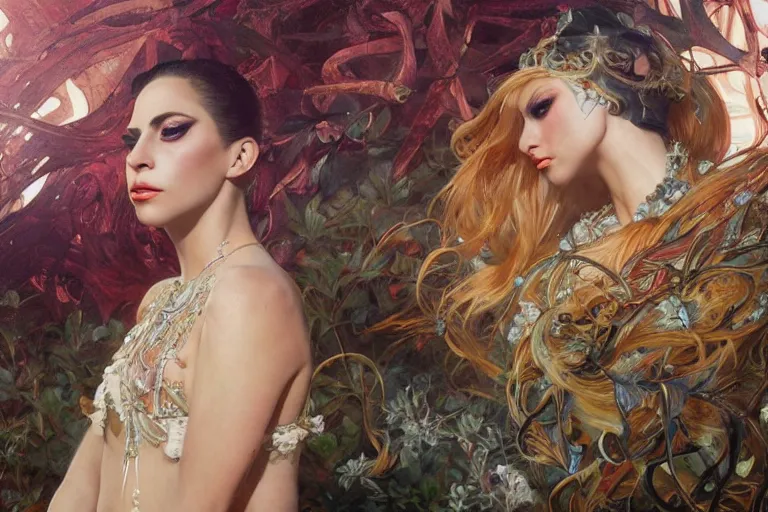 Image similar to music video screenshot of Lady gaga song chromatica, unreal, fantasy, intricate, elegant, dramatic, highly detailed, photorealistic, digital painting, painterly, artstation, concept art, smooth, sharp focus, art by John Collier and Krenz Cushart and Artem Demura and Alphonse Mucha and Albert Aublet