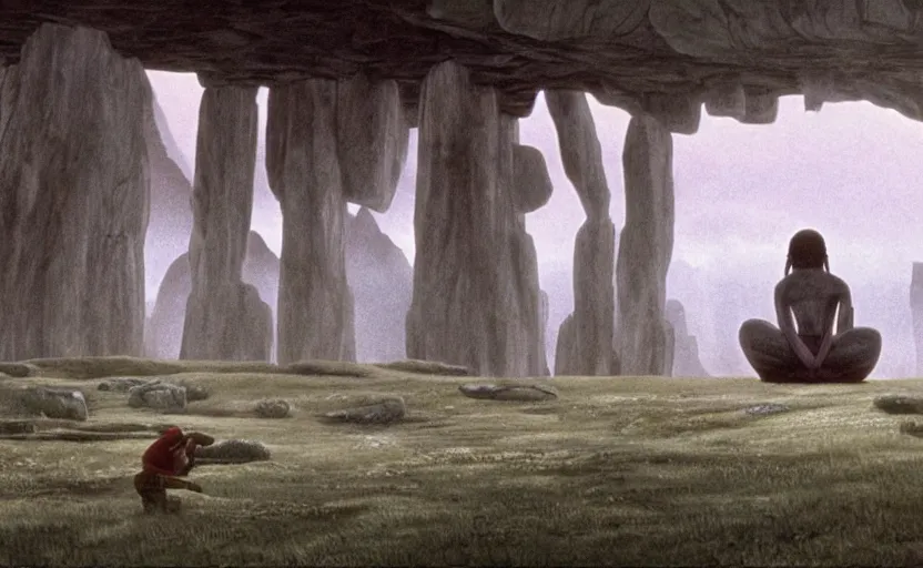 Image similar to movie still from princess mononoke ( 1 9 9 7 ) showing a highly detailed landscape with a giant long - haired buddha in lotus position with stonehenge in the background. 1 9 8 0 s science fiction, 1 9 7 0 s science fiction, cyberpunk, moody, misty, depth perception, 4 k, artstation