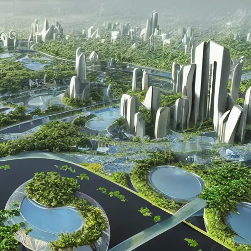 Image similar to scenic view of a futuristic modern utopian eco friendly city