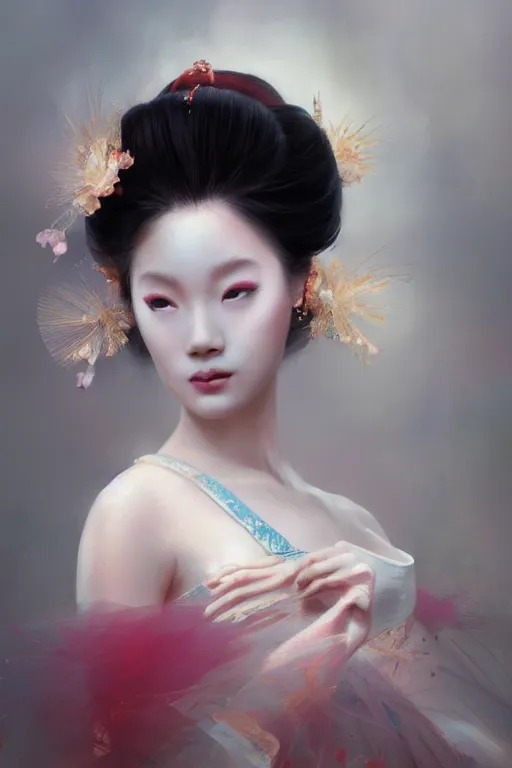 Prompt: geisha prima ballerina, gorgeous, ethereal, close - up portrait, intricate, elegant, volumetric lighting, scenery, digital painting, highly detailed, tutu, artstation, sharp focus, illustration, concept art, ruan jia, steve mccurry