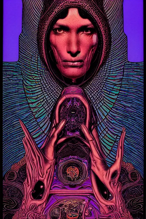 Prompt: portrait of black and psychedelic grainshading tarot card print of the loverof by moebius, wayne barlowe, cyberpunk comic cover art, very intricate, thick outline, octane render