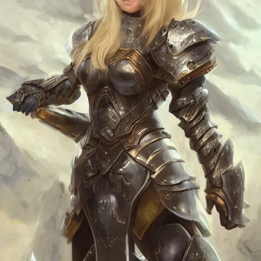 Prompt: a blonde - haired woman in heavy armor, aura of magic around her, gloomy atmosphere, trending on artstation, hyper detailed