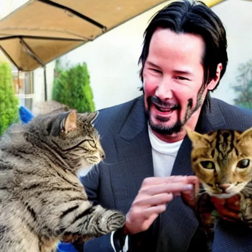 Prompt: keanu reeves playing with cats