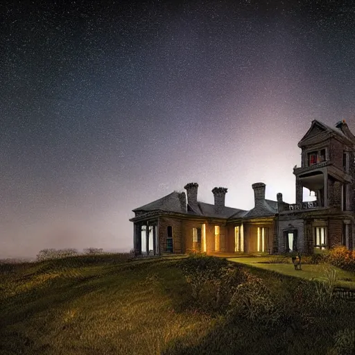 Prompt: an abandoned mansion with a widows walk and observatory on a hill at night with stars, by lee madgwick and bastien lecouffe