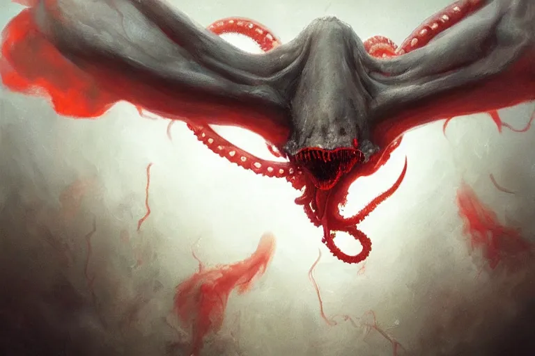 Image similar to painting by greg rutkowski of a flying human head and face that is chalk white in color, with tentacles coming of the neck, red eyes, flying in a terrying hell like cavernous place