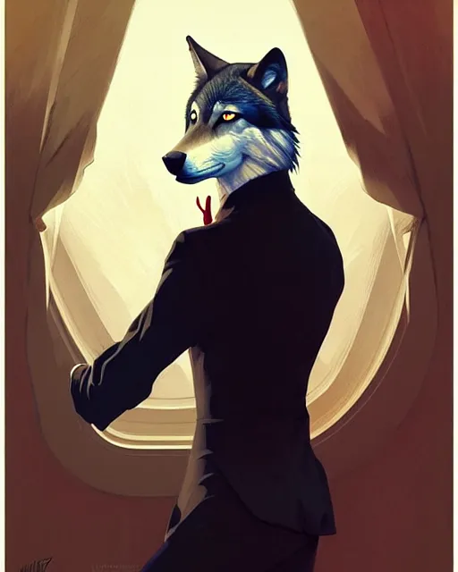 Image similar to stylized portrait of an artistic pose, composition, a wolf wearing a victorian suit, realistic shaded, fine details, realistic shaded lighting poster by ilya kuvshinov, magali villeneuve, artgerm, jeremy lipkin and michael garmash and rob rey