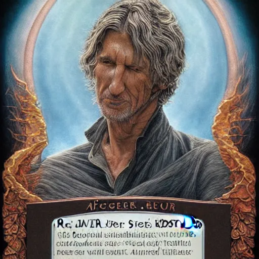 Prompt: A beautiful detailed tarot card of Roger Waters, by  tomasz alen kopera and Justin Gerard, symmetrical features, ominous, magical realism, texture, intricate, ornate, royally decorated, whirling smoke, embers, red adornements, red torn fabric, radiant colors, fantasy, trending on artstation, volumetric lighting, micro details, 3d sculpture, ray tracing, 8k, anaglyph effect