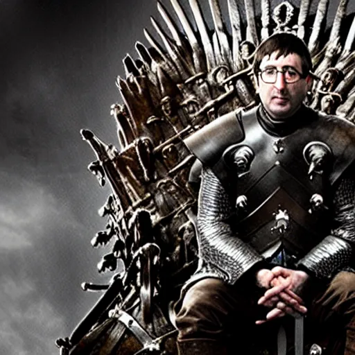 Prompt: king john oliver wearing armor sitting on the iron throne of westeros