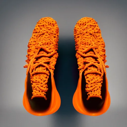 Prompt: promotional photography new Yeezys made of Cheetos